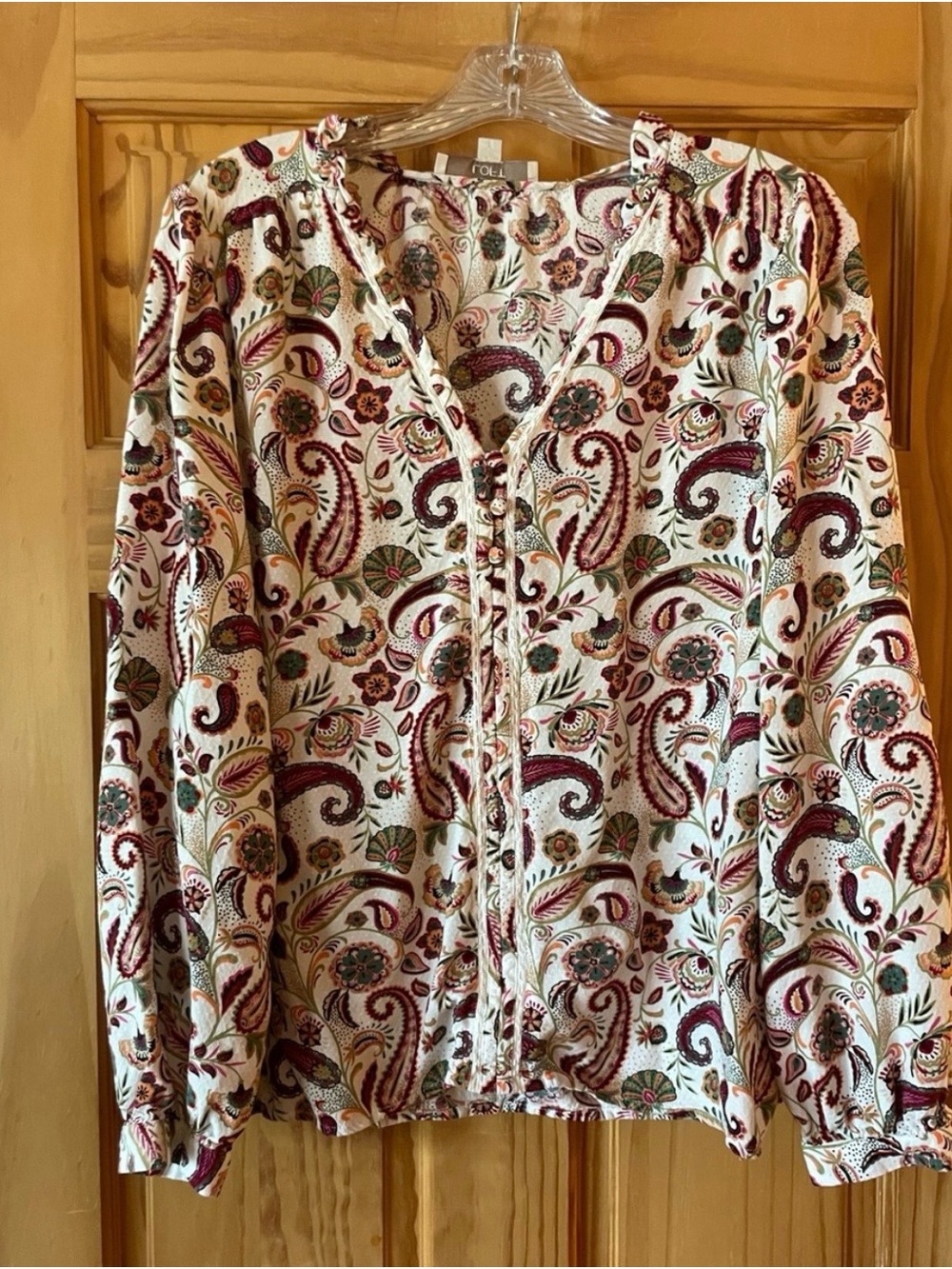 LOFT Cream Paisley Button-Front Blouse with Burgundy and Green Accents